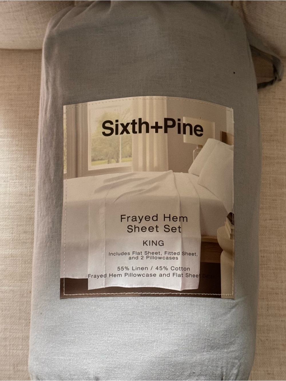 NEW Sixth+Pine King Frayed Hem Linen Blend Sheet Set Gray 55% Linen